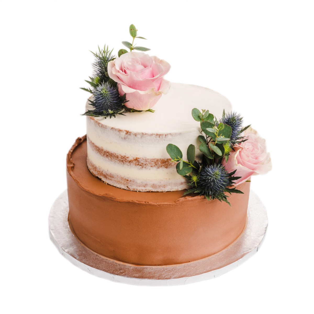 Dvojposchodová torta s vanilkovým a čokoládovým korpusom zdobená kvetmi